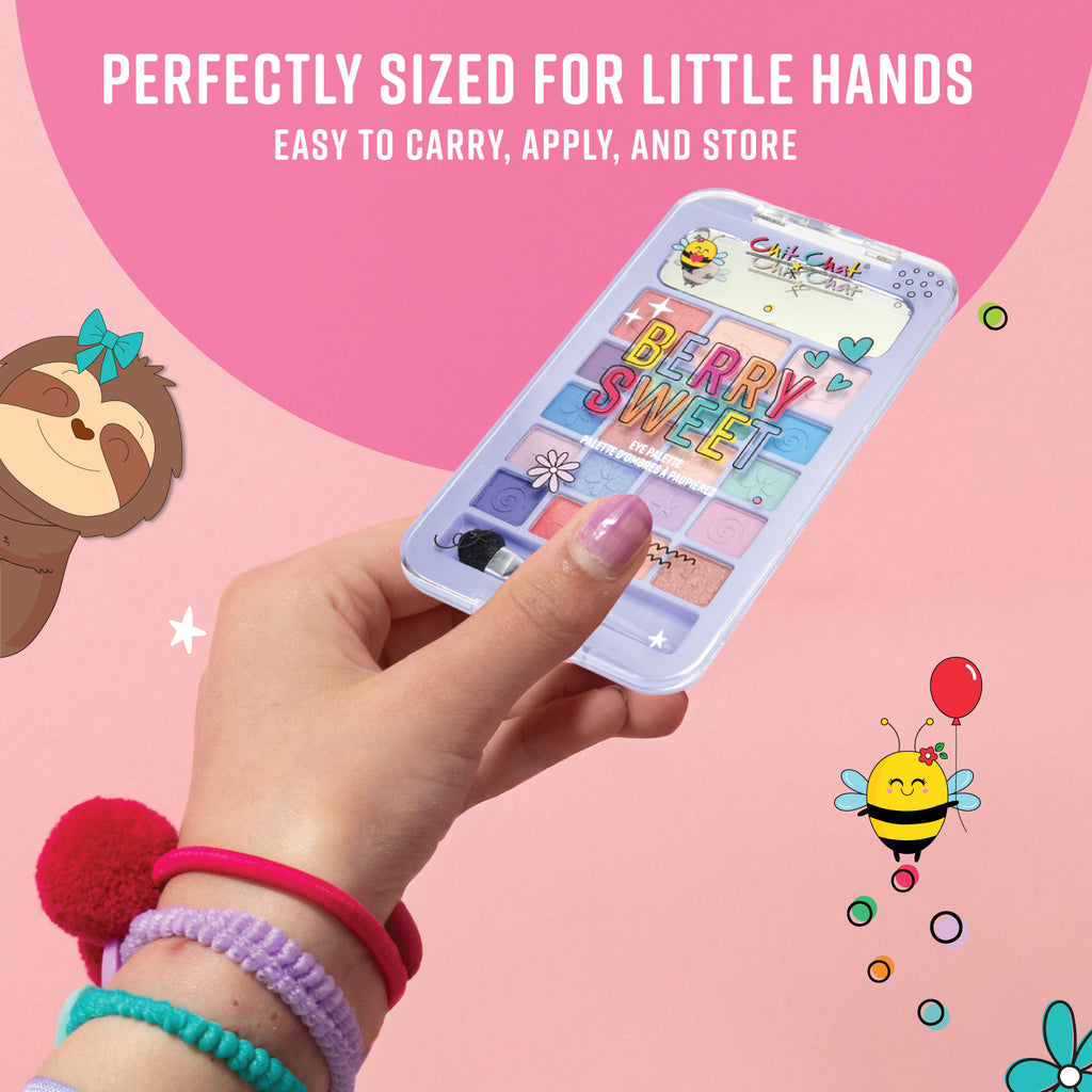 Colorful nail polish set held by a hand with cartoon characters and text on a pink background