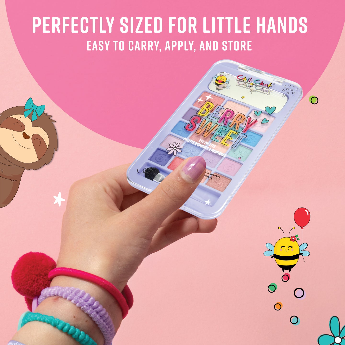 Colorful nail polish set held by a hand with cartoon characters and text on a pink background
