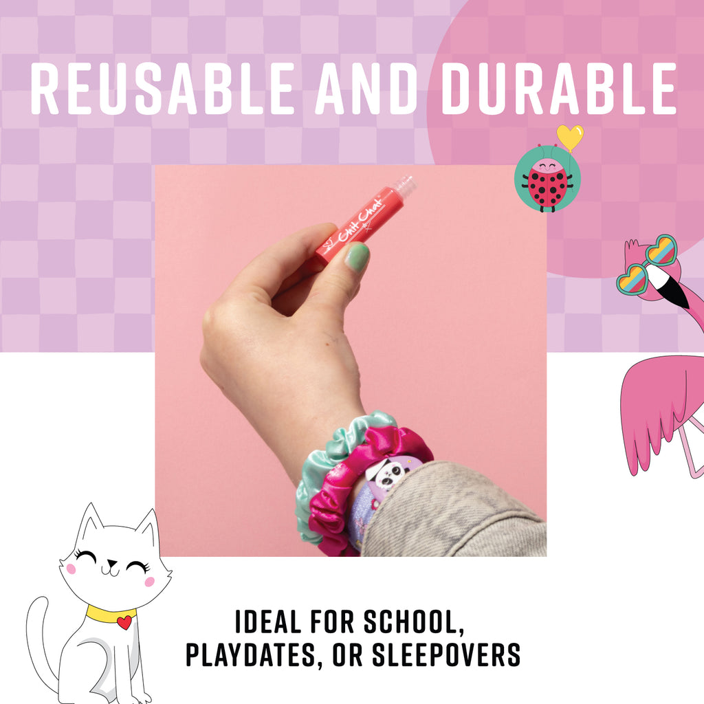 Hand holding a red marker with colourful scrunchies on a pink background, text 'Reusable and durable' and 'Ideal for school, playdates, or sleepovers'