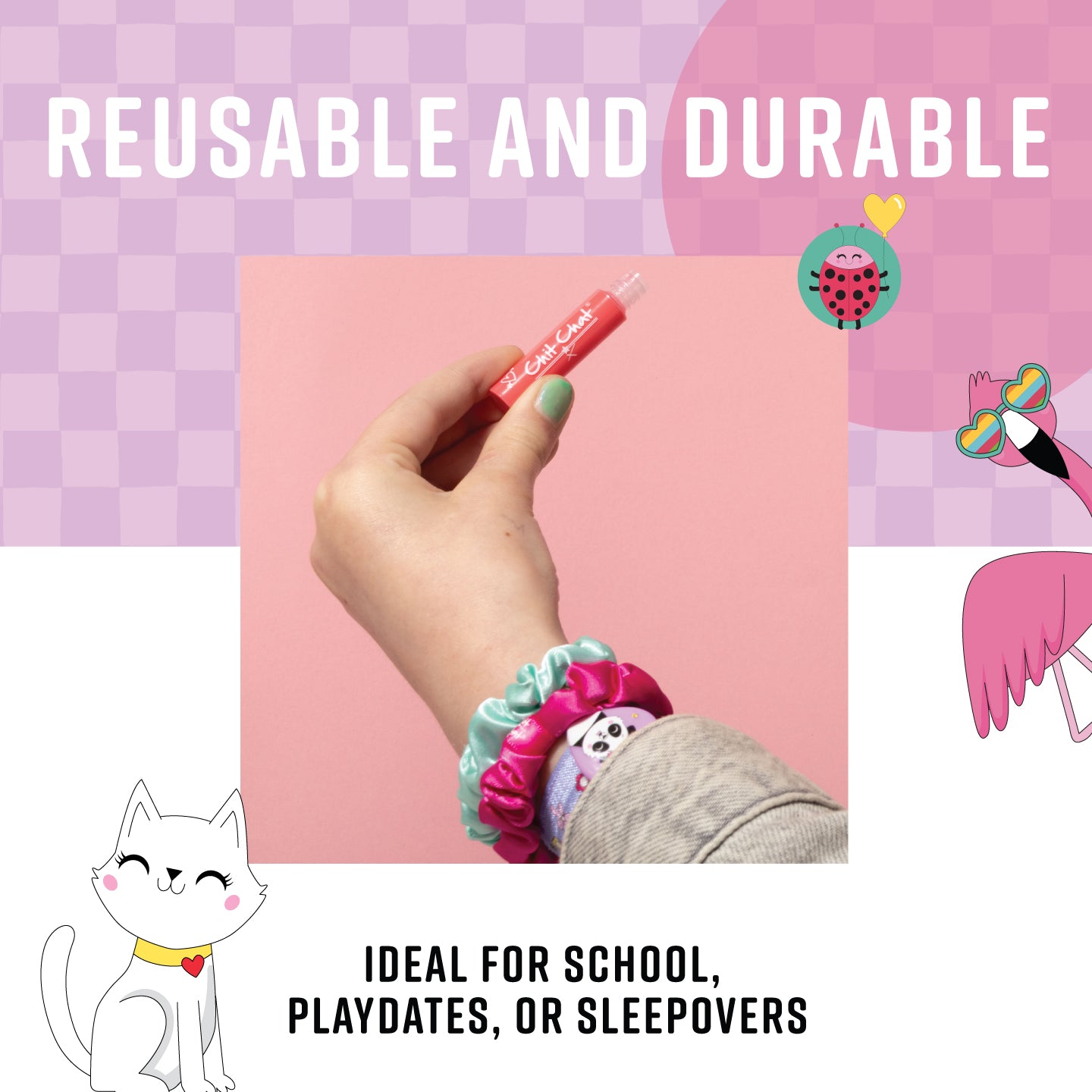 Hand holding a red marker with colourful scrunchies on a pink background, text 'Reusable and durable' and 'Ideal for school, playdates, or sleepovers'