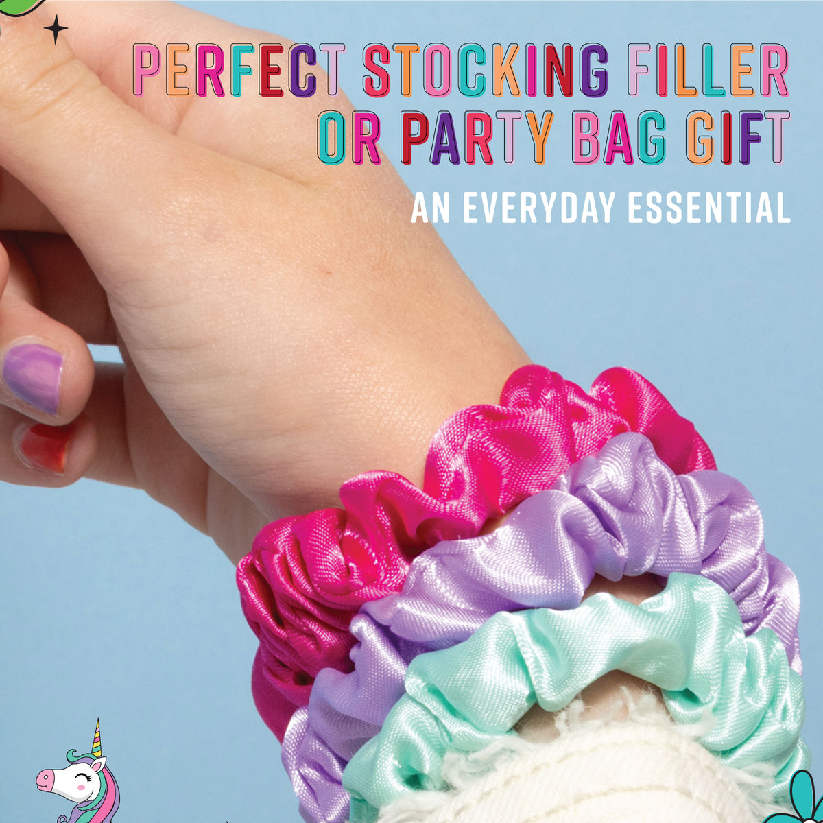 Colorful scrunchies on a hand with promotional text against a blue background
