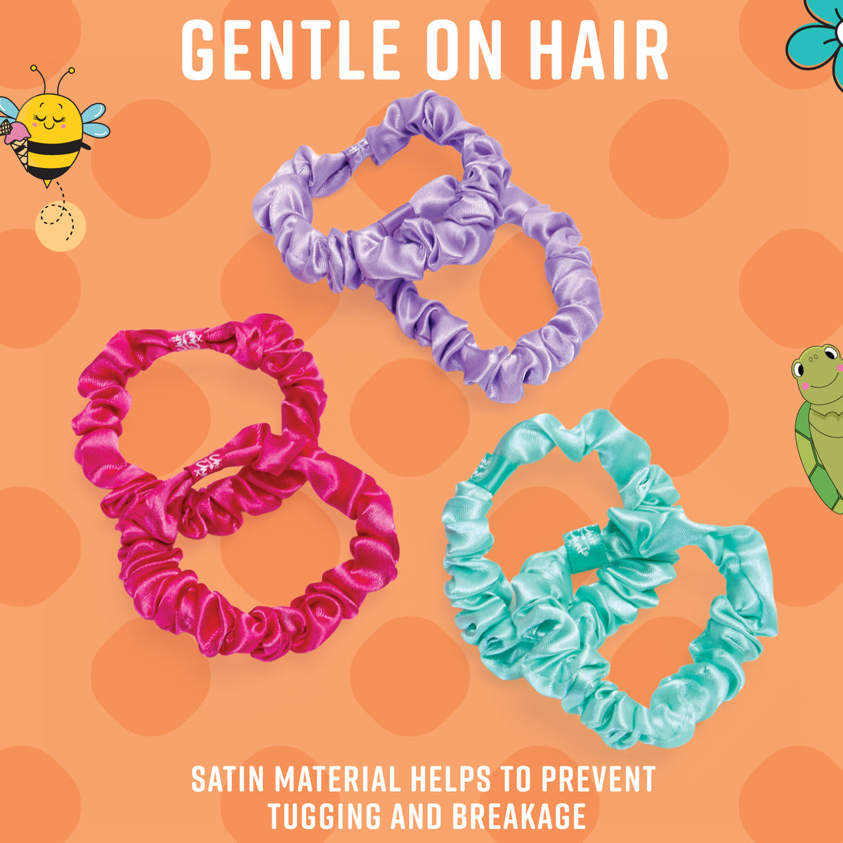 Three satin hair scrunchies in purple, pink, and teal on an orange polka dot background with text about hair care.