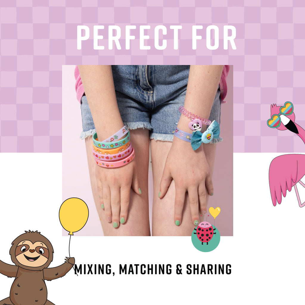 Two children's hands wearing colorful bracelets on a checkered background with text 'Perfect For Mixing, Matching & Sharing'.