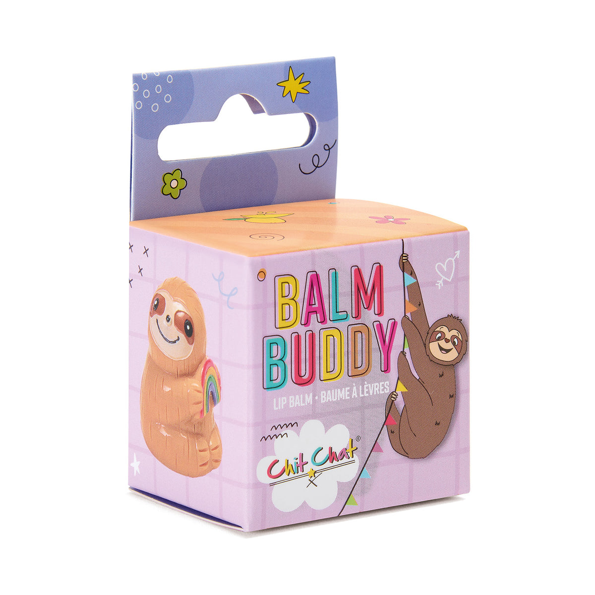 Balm Buddy packaging with sloth illustrations on a white background