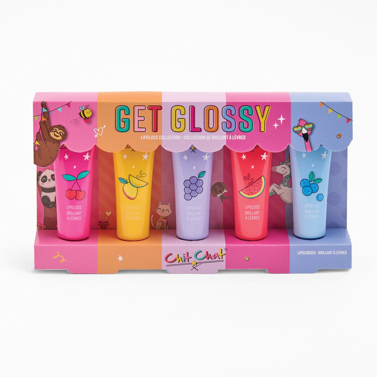 Set of five lip glosses in colorful packaging with 'Get Glossy' text.