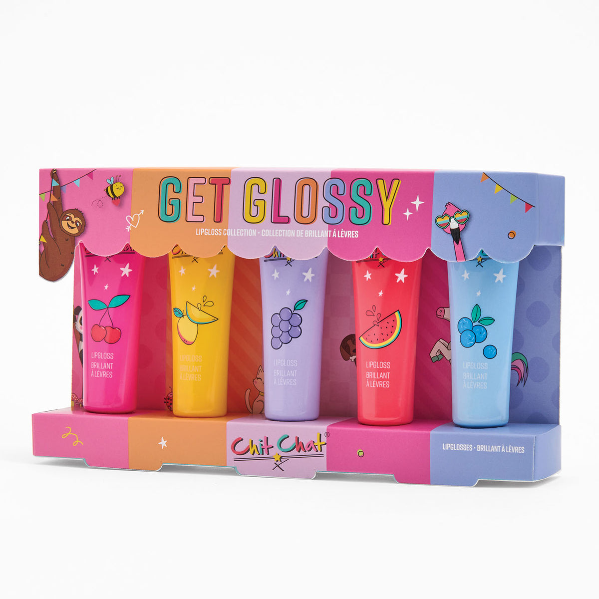 Set of five colourful hand cream bottles in a Chit Chat branded box on a white background