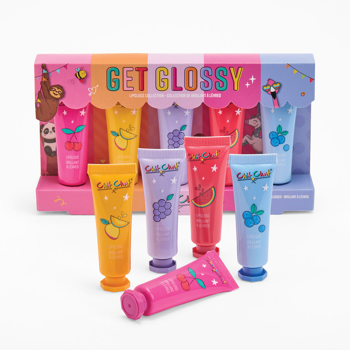 Set of colourful lip balm tubes with 'Chit Chat' branding against a white background