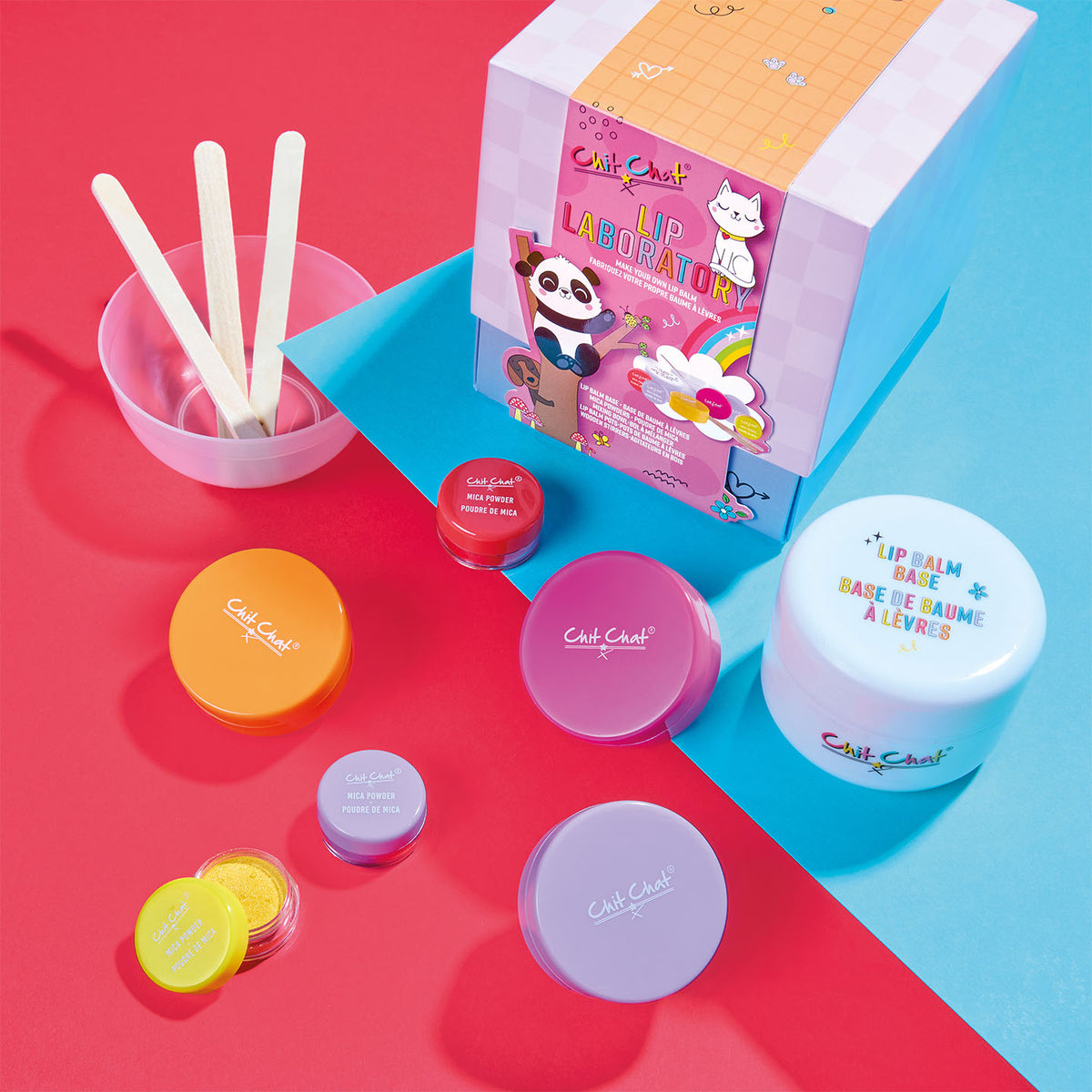 Colourful lip balm set with packaging on a red and blue background