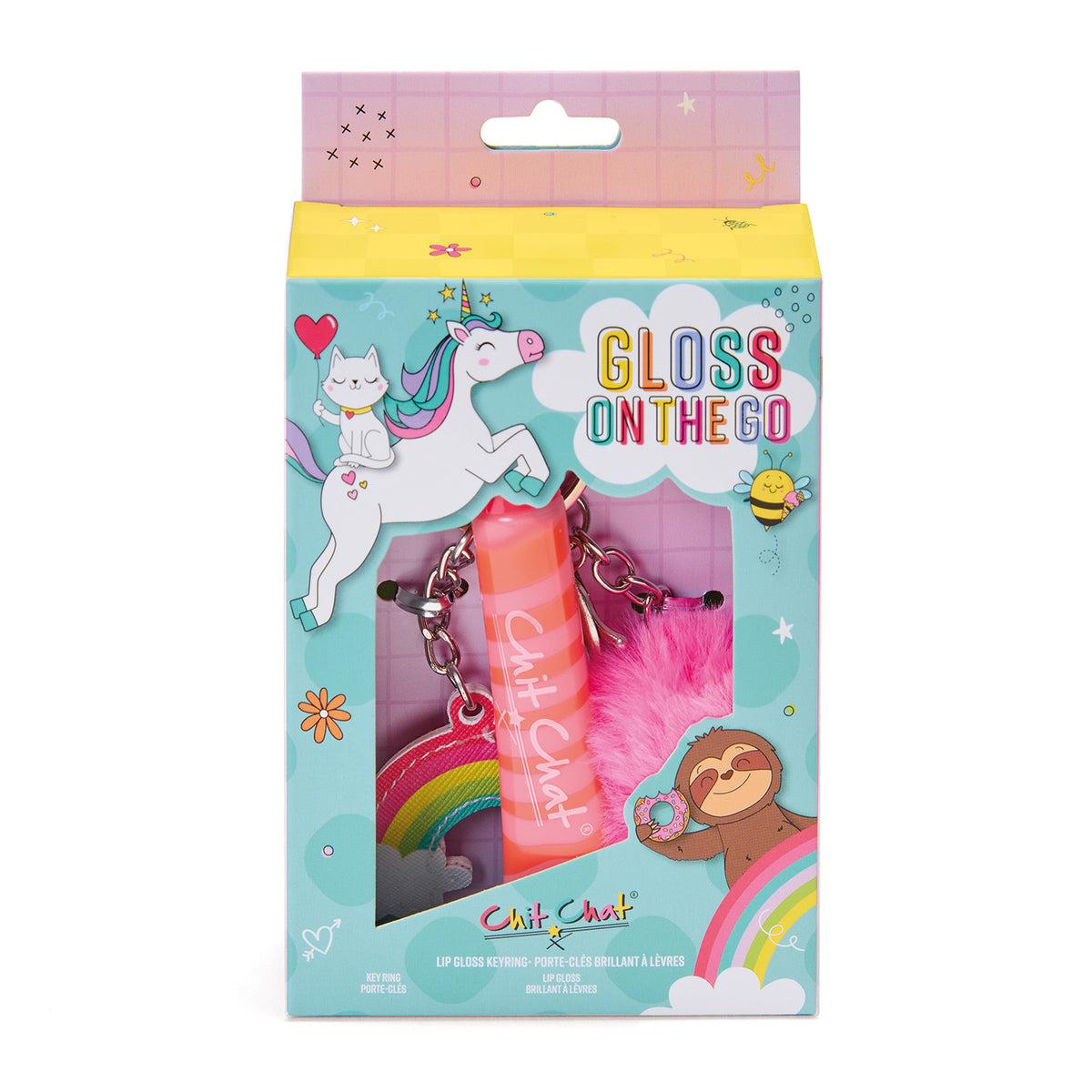 Packaged product with colourful design featuring a unicorn, sloth, and rainbow elements on a white background.