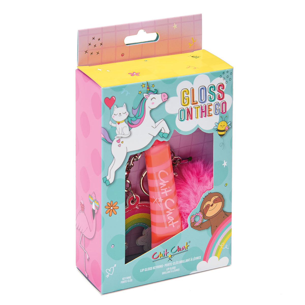 Packaged product with a unicorn design and 'Gloss on the Go' text on a white background