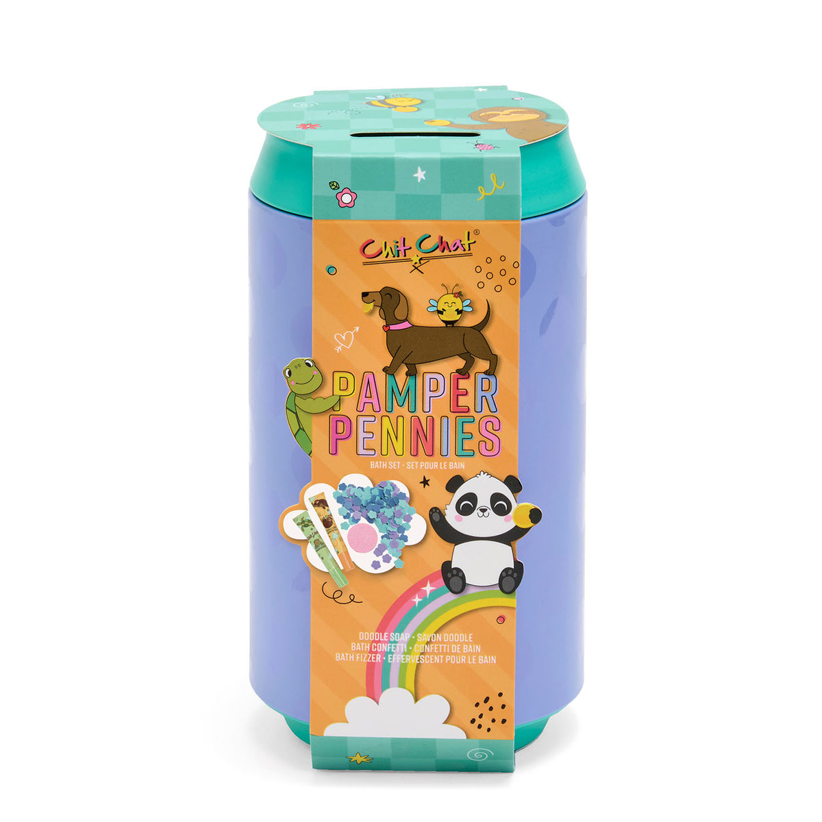 Colourful children's piggy bank with cartoon characters on a white background