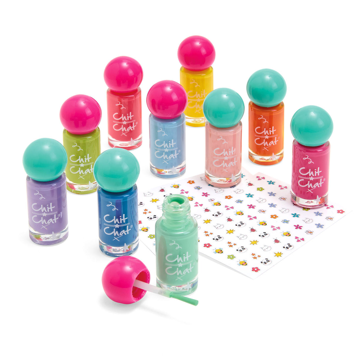 Set of colourful nail polish bottles with sticker set on a white background