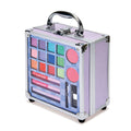 Makeup case with colourful products on a white background