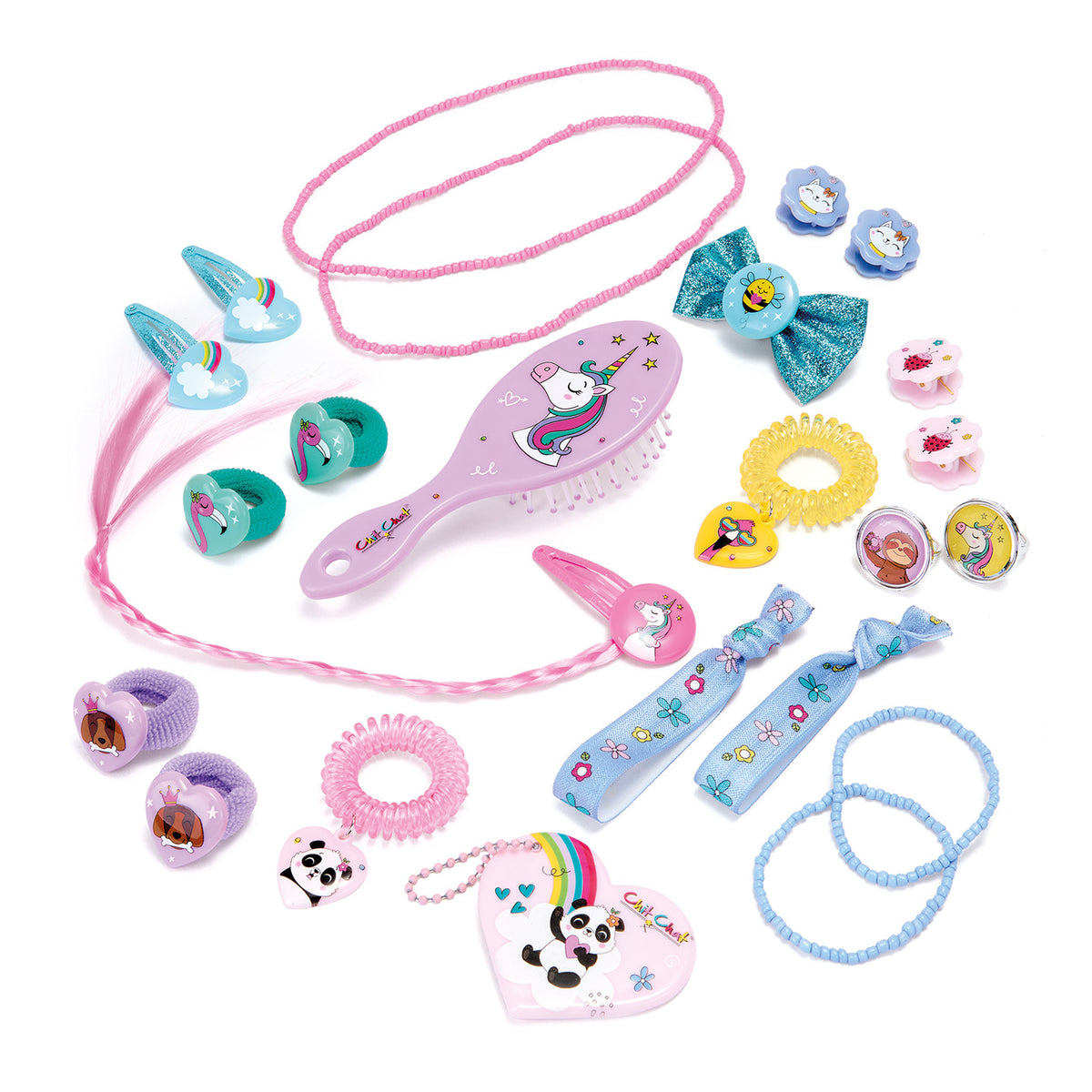 Set of children's hair accessories including a brush, hair ties, and clips on a white background