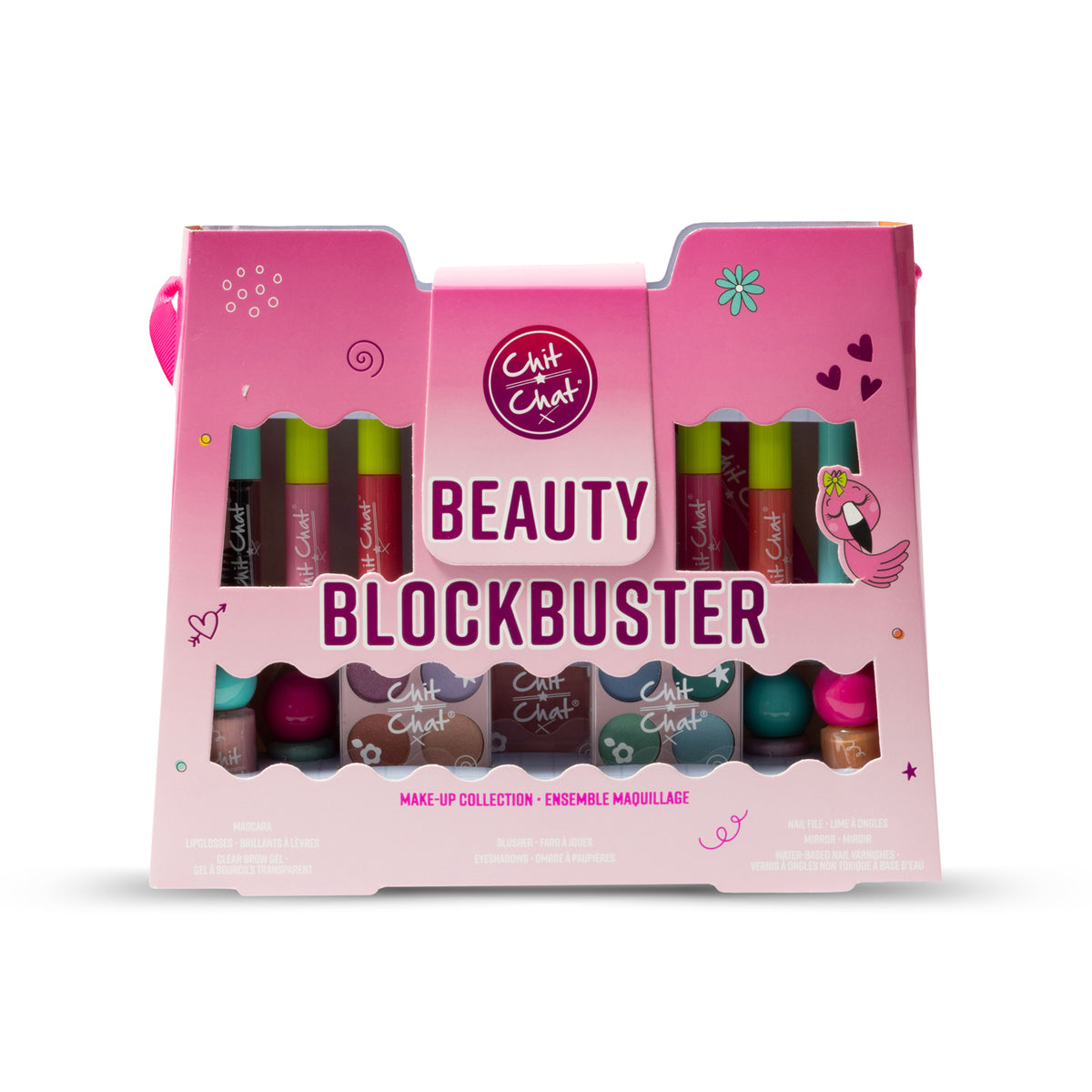 A pink Chit Chat Beauty Blockbuster make-up collection box, showing multiple cosmetic products through a cut out window.