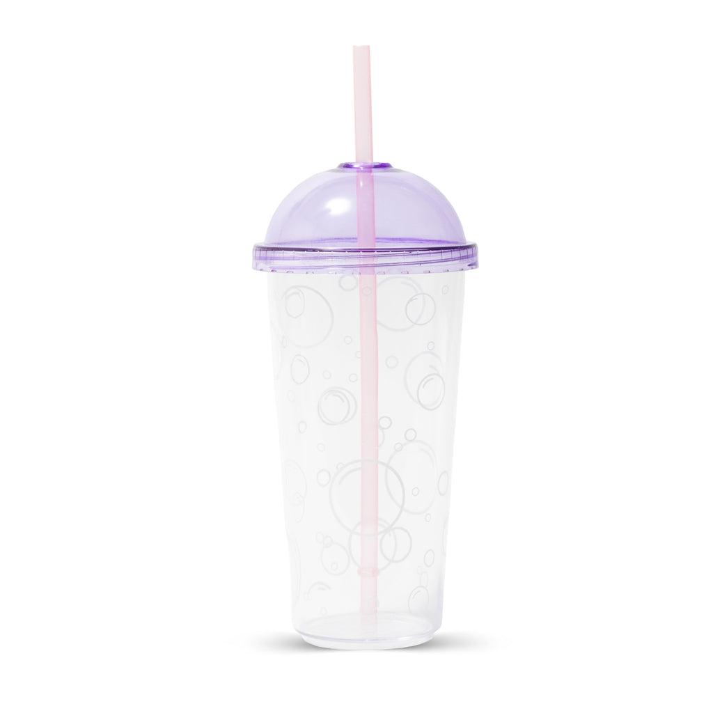 A clear plastic travel tumbler cup with a purple dome lid and a pink straw, decorated with bubble patterns.