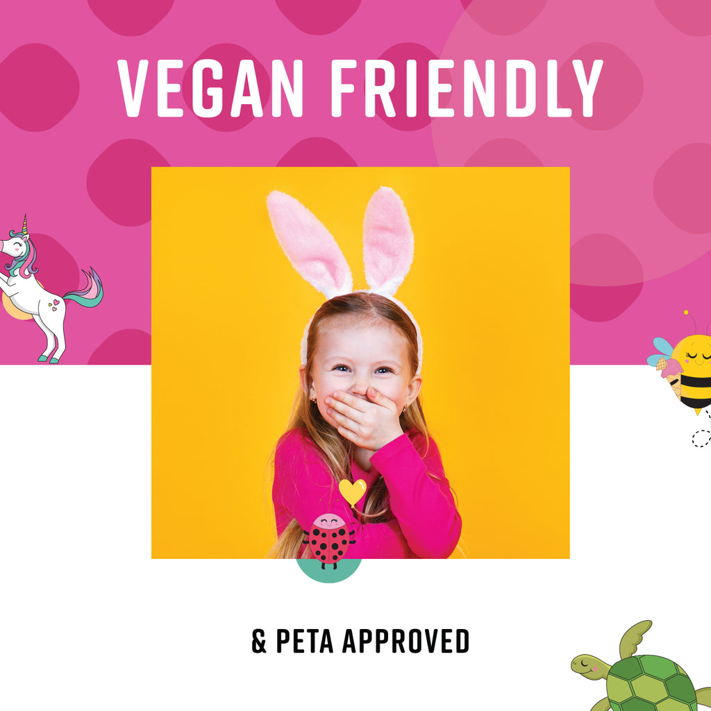 Child wearing bunny ears with 'Vegan Friendly & PETA Approved' text on a colorful background